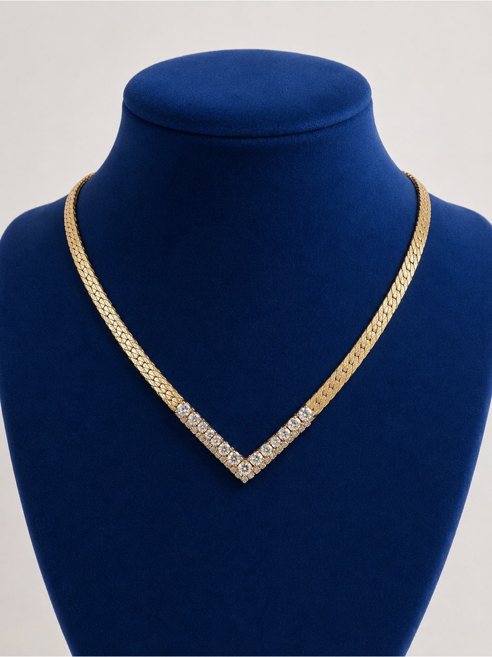 Gold Tone Herringbone V Necklace Clear Rhinestone Statement Collar